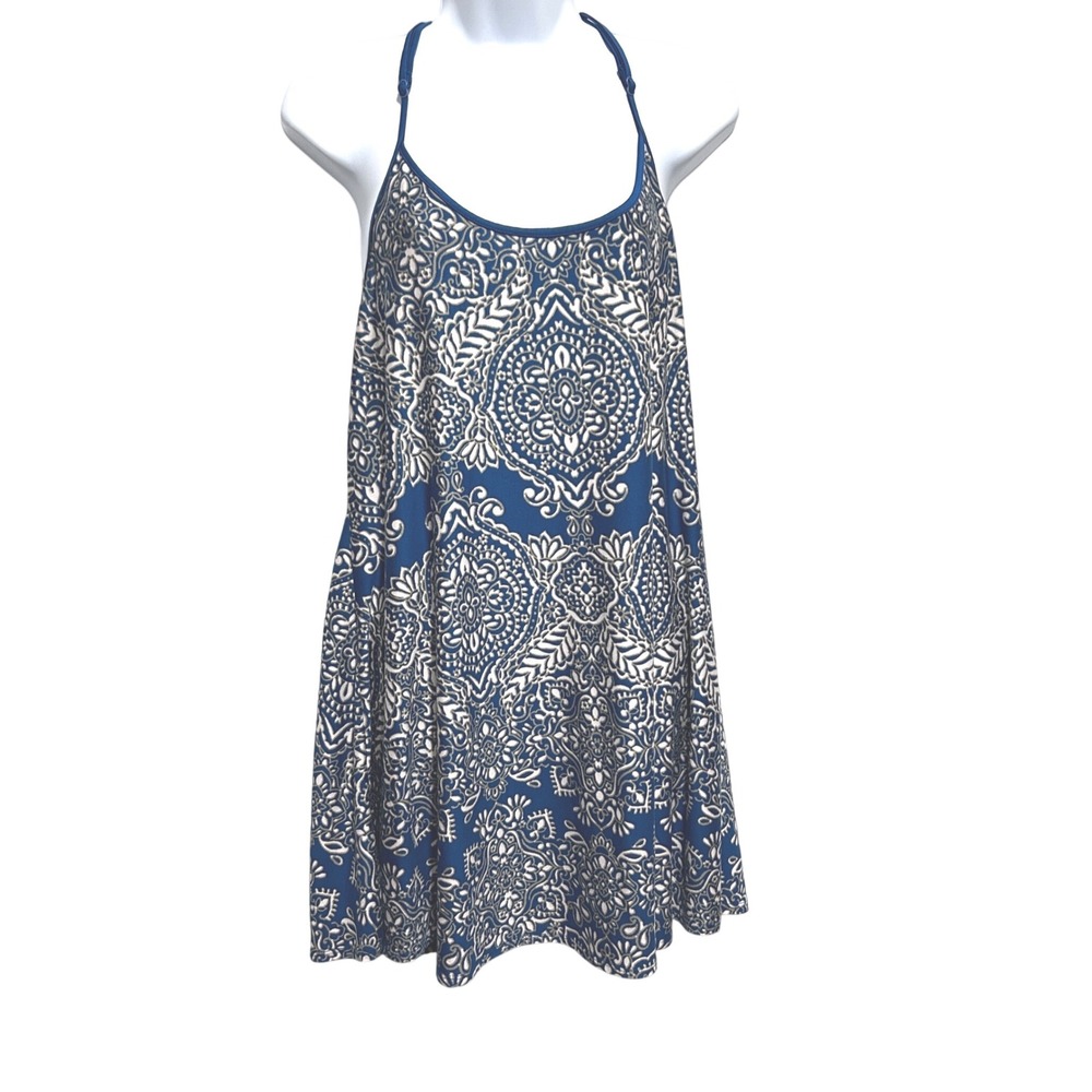 In Bloom Lace Back Babydoll Halter Tank L Blue Paisley Medallion Boho Festival